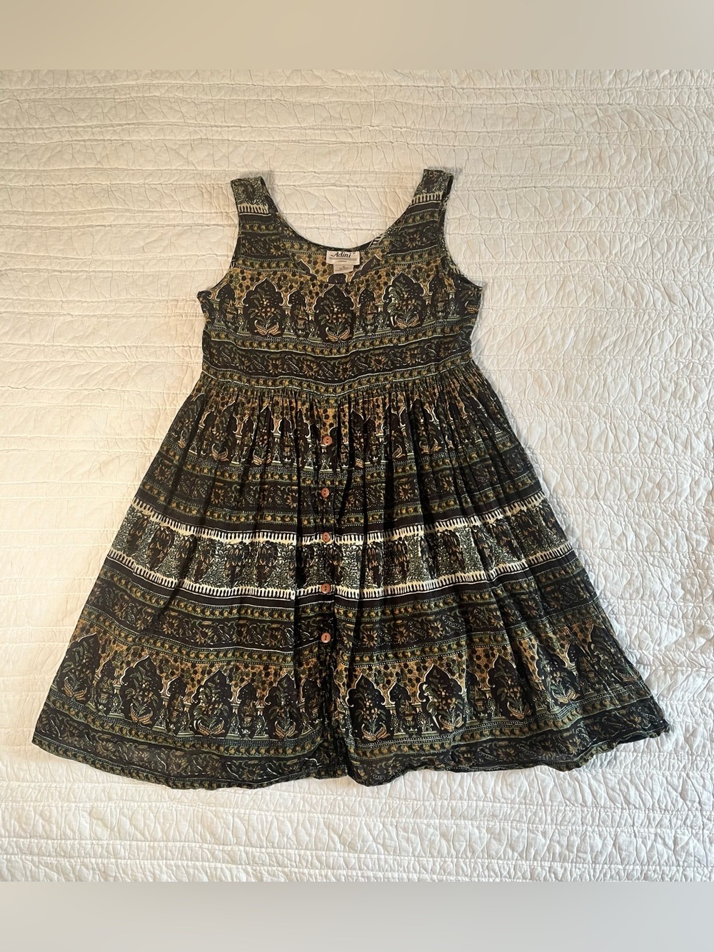 Vintage 70s Adini Boho 100% Cotton Block Print Babydoll Dress - Small